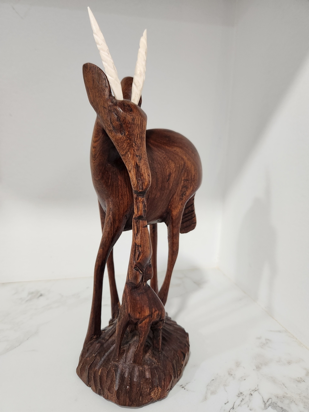 Vintage Mid-century African Hand-Carved Antelope With Calf 12x5inchs